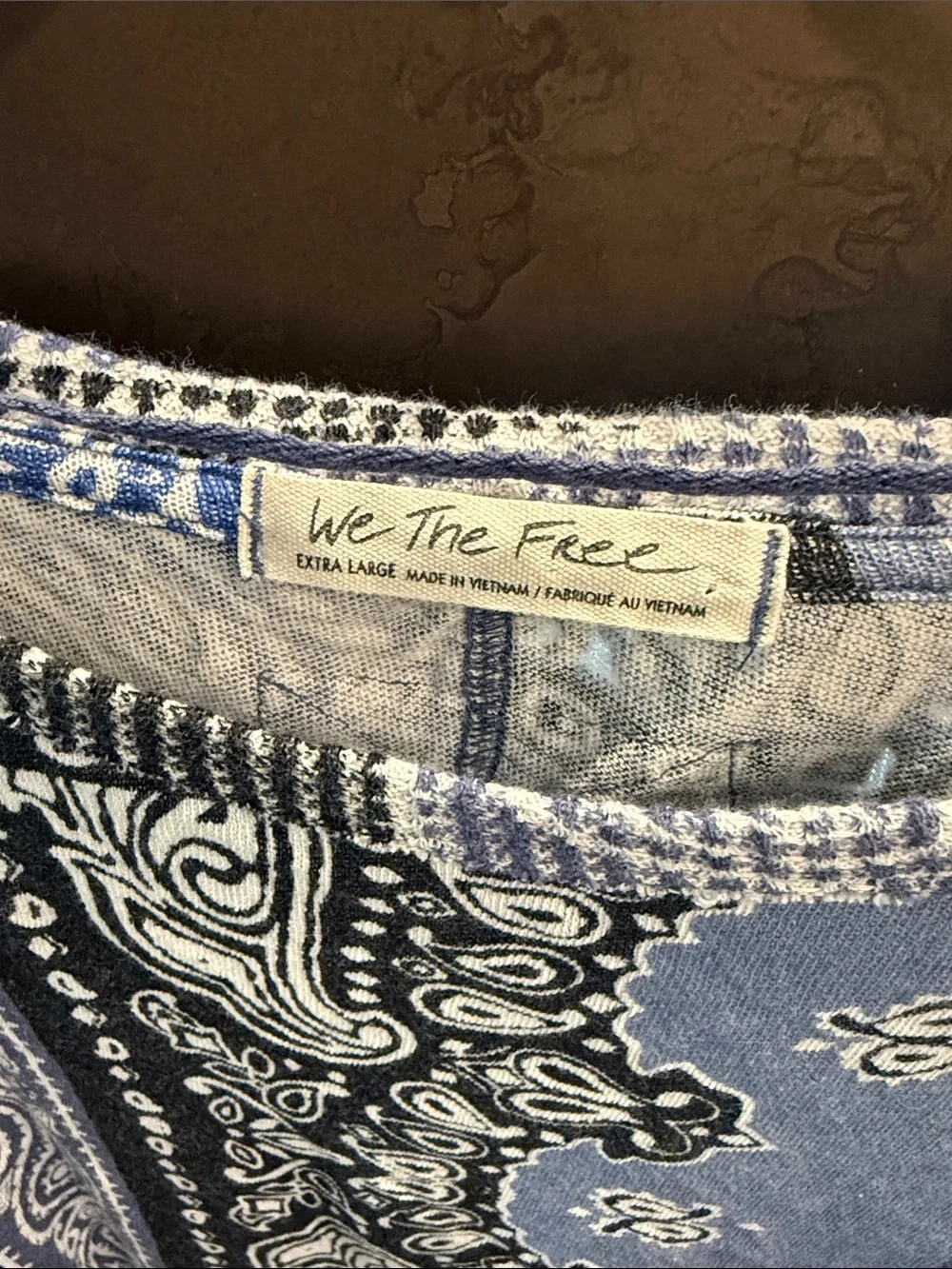 Free People Blue and Black Paisley Patchwork Short Sleeve Top Oversized XL - Picture 2 of 6